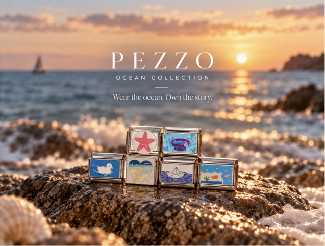 PEZZO Ocean Collection — six Ocean charms on coastal rocks at sunset