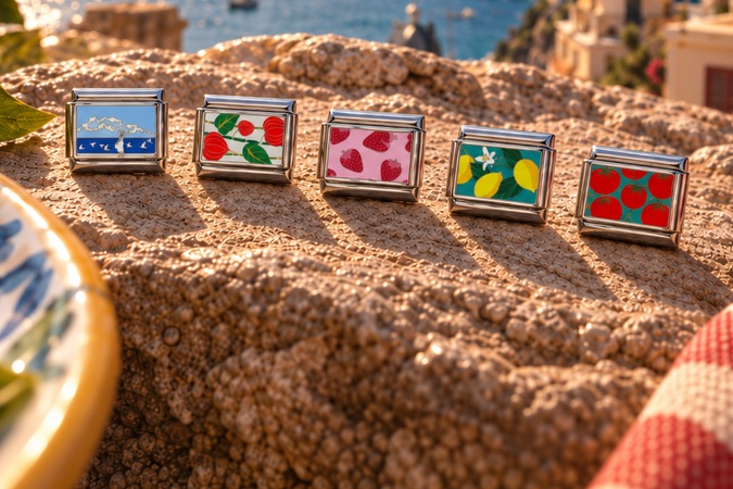 Costiera, Rosso Bloom, Fragola, Limone and Pomodoro charm links together on Mediterranean rock